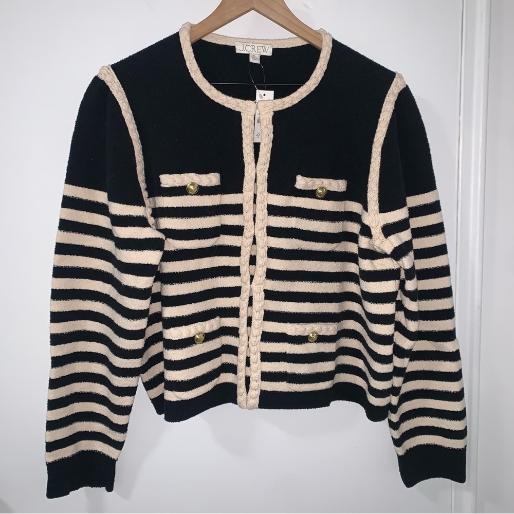 NWT J Crew Odette Sweater Lady Jacket in a Striped Bouclé Fabric Size XL